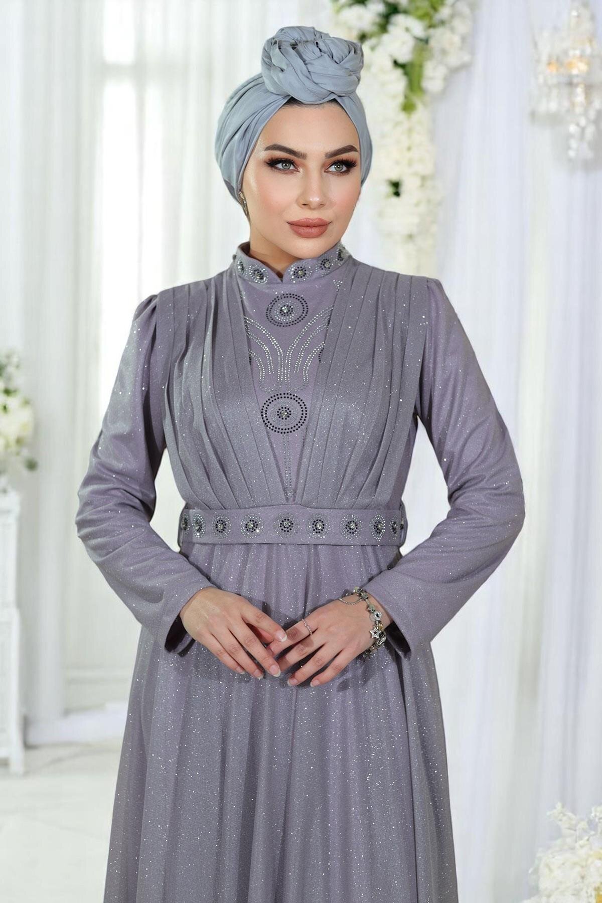 Shimmery Chiffon Draped Stone-Detailed Evening Dress - Lilac - Modamihram