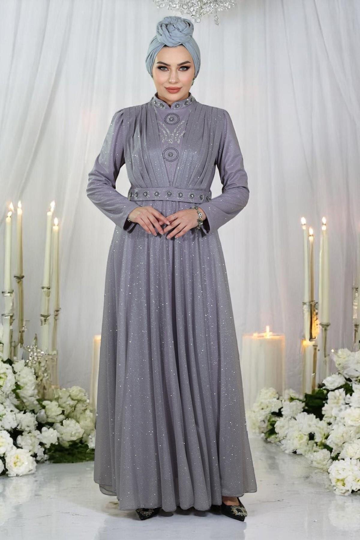 Shimmery Chiffon Draped Stone-Detailed Evening Dress - Lilac - Modamihram