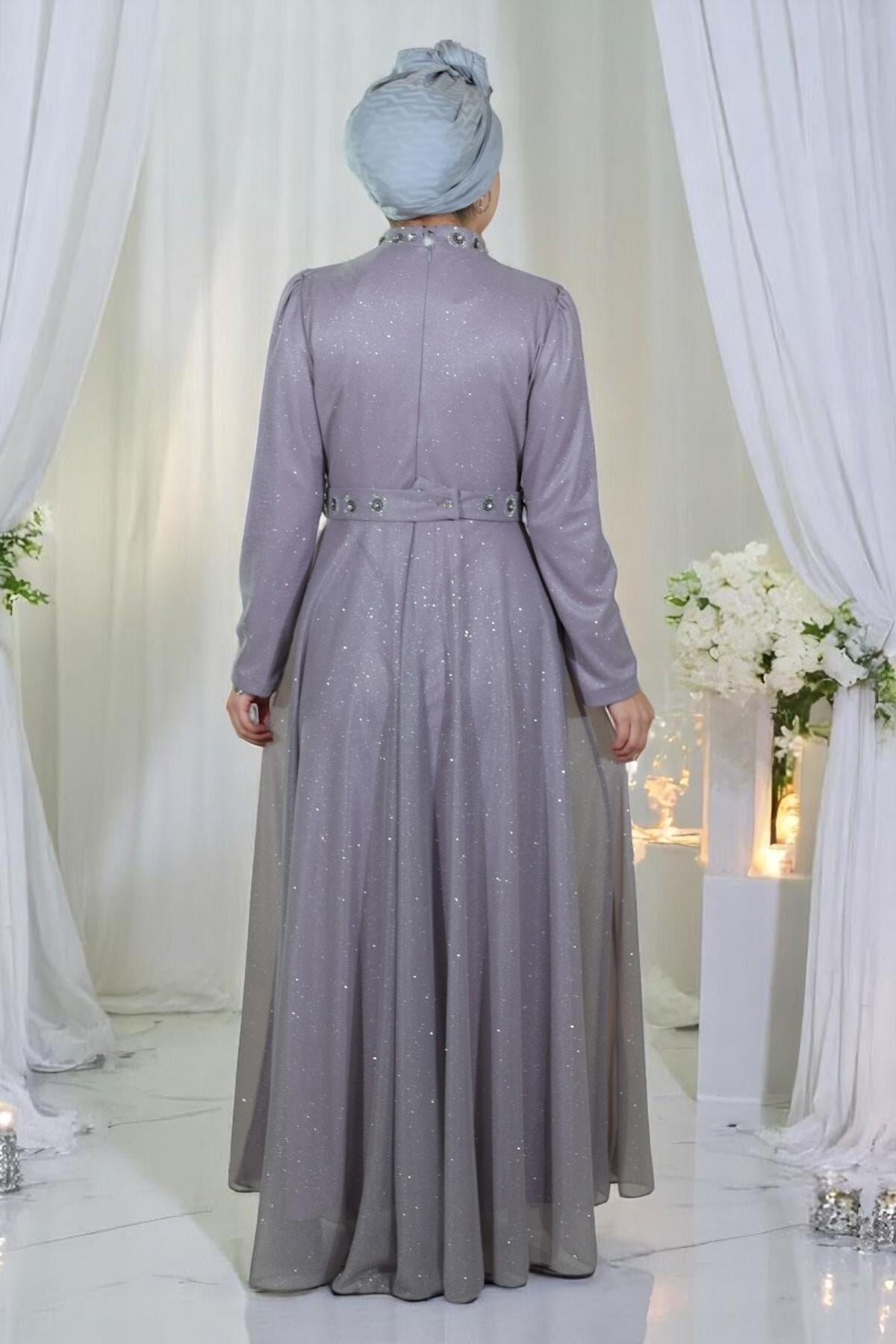 Shimmery Chiffon Draped Stone-Detailed Evening Dress - Lilac - Modamihram