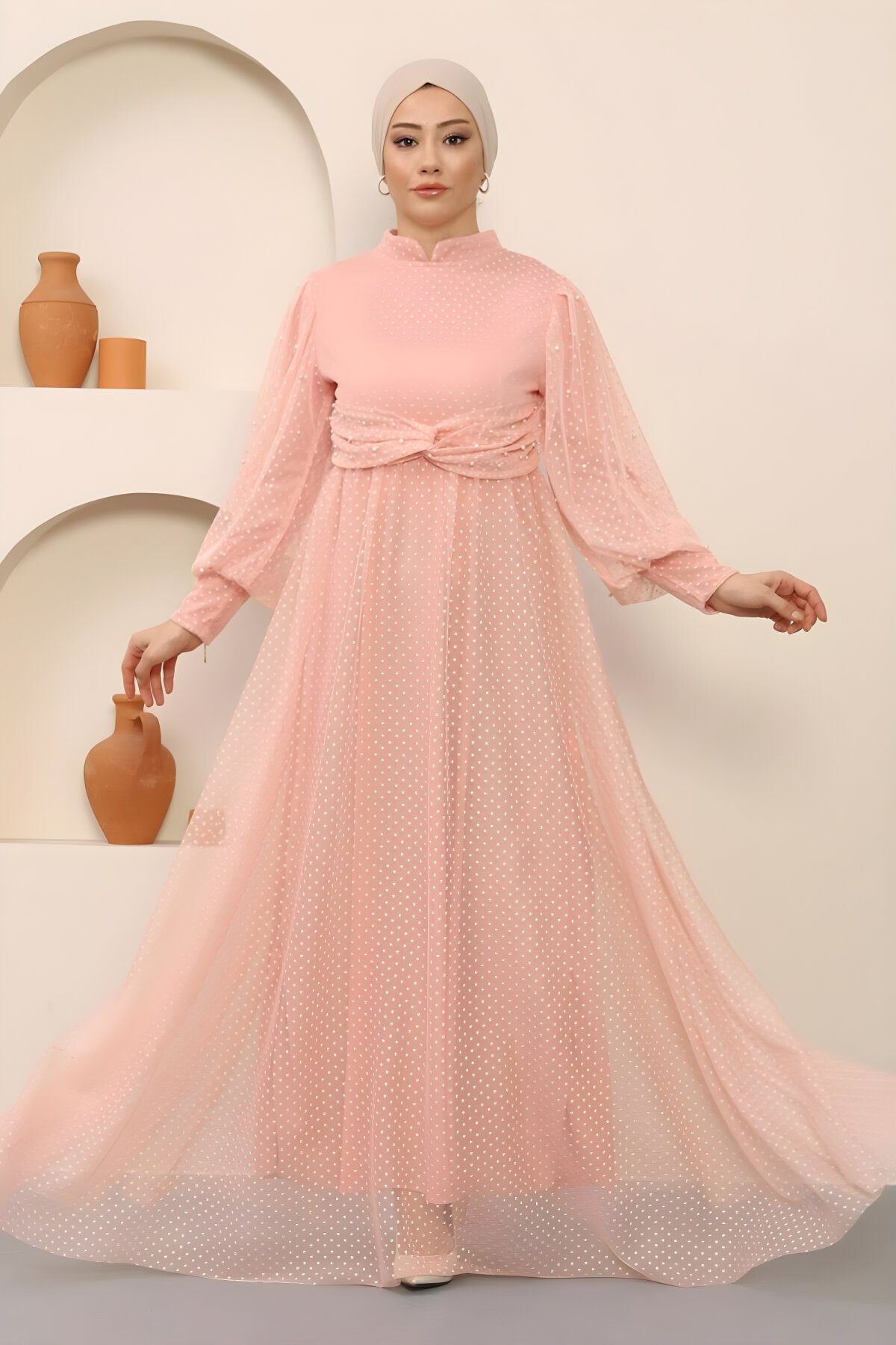 Pudra Tül İnci Detaylı Abiye Elbise - Modamihram