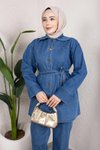 Açık Mavi Rahat Kesim Kuşaklı Düğmeli Denim İkili Takım