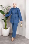 Açık Mavi Rahat Kesim Kuşaklı Düğmeli Denim İkili Takım