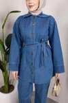 Açık Mavi Rahat Kesim Kuşaklı Düğmeli Denim İkili Takım