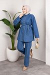 Açık Mavi Rahat Kesim Kuşaklı Düğmeli Denim İkili Takım