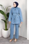 Buz Mavi Denim Rahat Kesim Kuşaklı Düğmeli İkili Takım