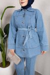 Buz Mavi Denim Rahat Kesim Kuşaklı Düğmeli İkili Takım