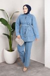 Buz Mavi Denim Rahat Kesim Kuşaklı Düğmeli İkili Takım