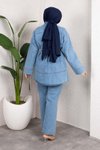Buz Mavi Denim Rahat Kesim Kuşaklı Düğmeli İkili Takım