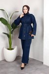 Koyu Mavi Denim Rahat Kesim Kuşaklı Düğmeli İkili Takım