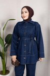 Koyu Mavi Denim Rahat Kesim Kuşaklı Düğmeli İkili Takım