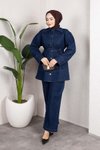 Koyu Mavi Denim Rahat Kesim Kuşaklı Düğmeli İkili Takım