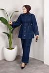 Koyu Mavi Denim Rahat Kesim Kuşaklı Düğmeli İkili Takım
