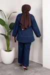 Koyu Mavi Denim Rahat Kesim Kuşaklı Düğmeli İkili Takım