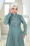 Mint Simli Göğsü Drapeli Taş Detaylı Abiye Elbise
