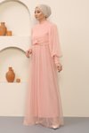 Pudra Tül İnci Detaylı Abiye Elbise