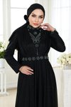 Siyah Simli Şifon Taş Detaylı Göğsü Drapeli Abiye Elbise