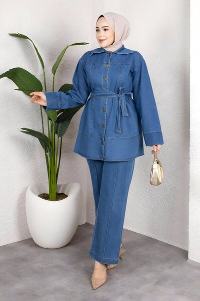 Açık Mavi Rahat Kesim Kuşaklı Düğmeli Denim İkili Takım