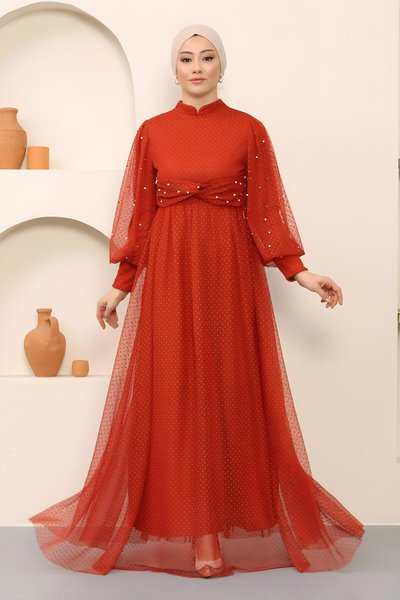 Tulle Pearl-Detail Modest Evening Dress - Terra Cotta