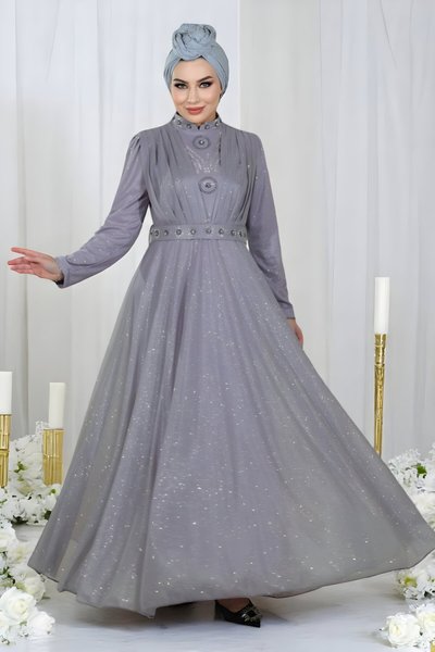 Lila Simli Şifon Göğsü Drapeli Taş Detaylı Abiye Elbise