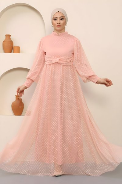 Pudra Tül İnci Detaylı Abiye Elbise