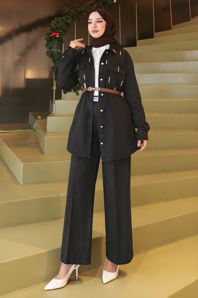 Siyah Kot İkili Cepli Taş Detaylı Tesettür Takım