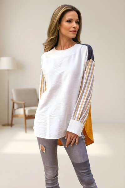 Ekru Hardal Uzun Kollu Oval Kesim Bluz