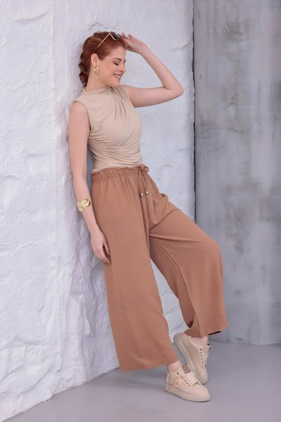 Kahverengi Bol Paça Yazlık Plaj Model Pantolon