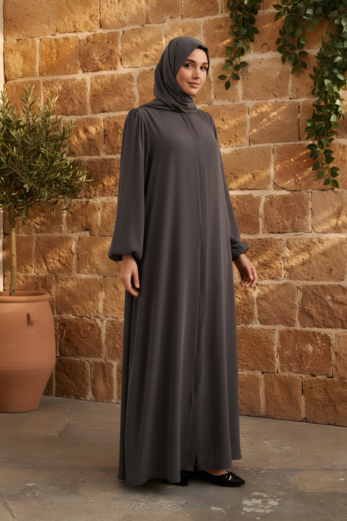 Gri Mevlana Balon Kollu Ferace - Agra Prive