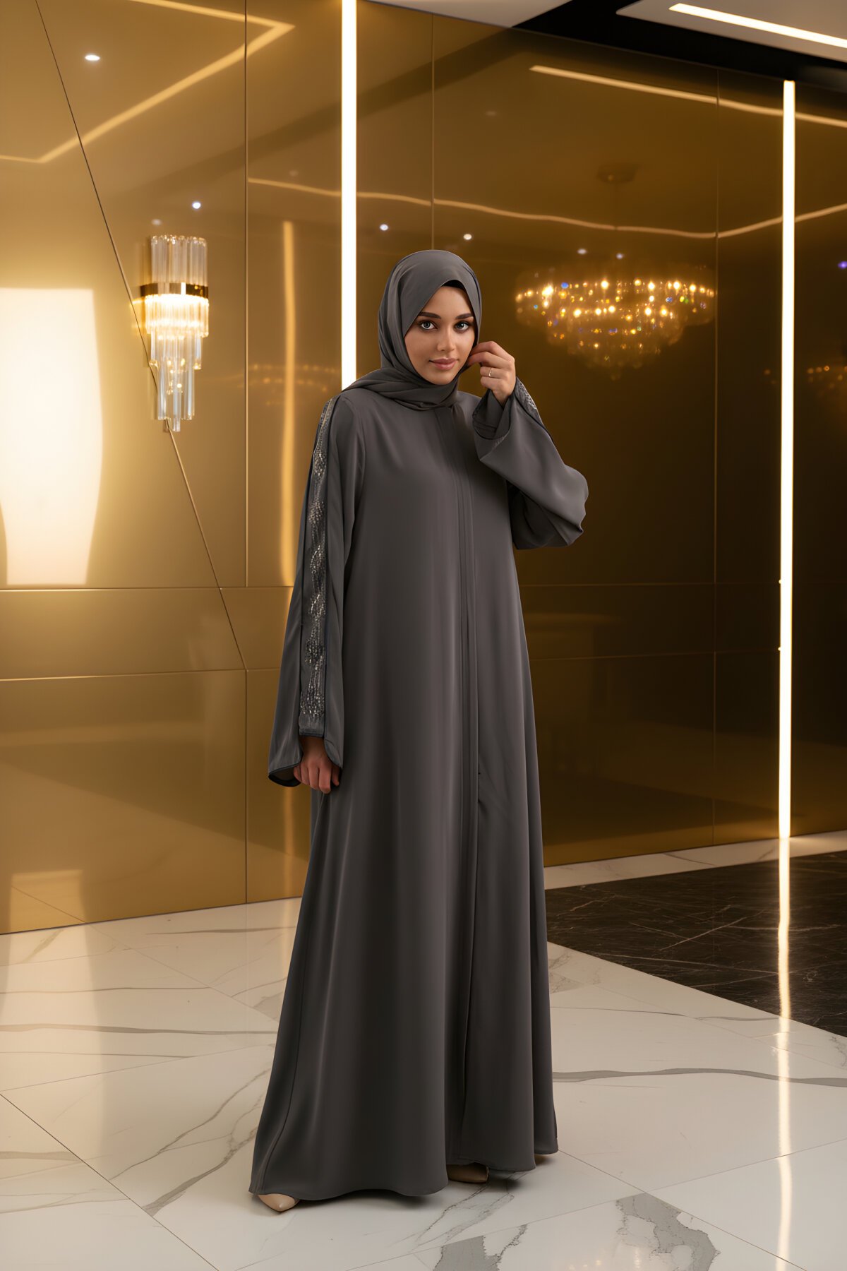 Gri Nakışlı Taşlı Özel Koleksiyon Ferace - Agra Prive