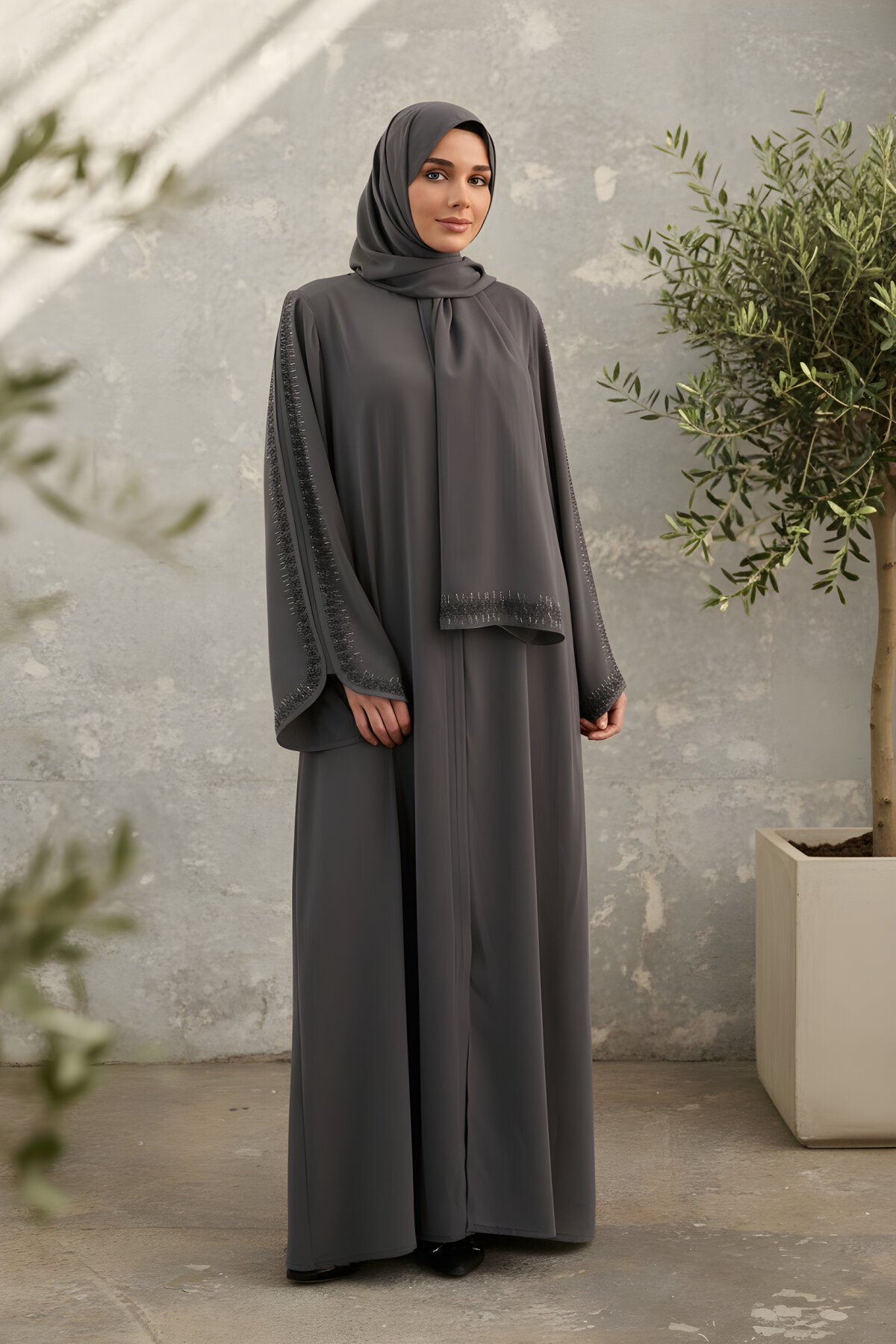 Gri Takım Özel Tasarım Şallı Ferace - Agra Prive