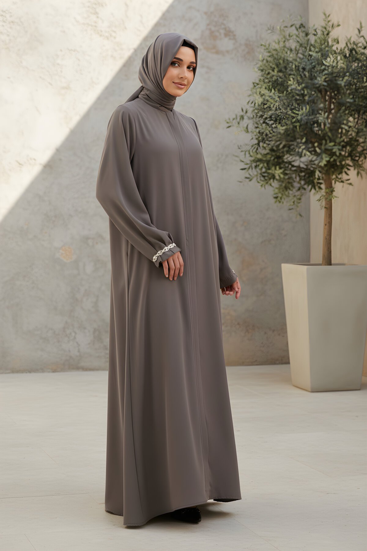 Kahverengi El İşleme Pırlanta Ferace - Agra Prive