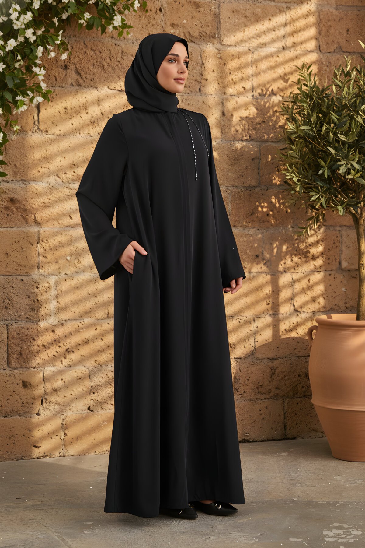 Lacivert Omuzda El İşlemeli Ferace - Agra Prive