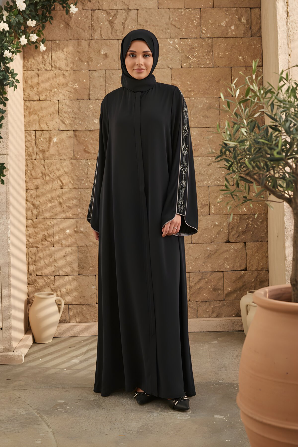 Lacivert Özel Tasarım Taşlı Ferace - Agra Prive