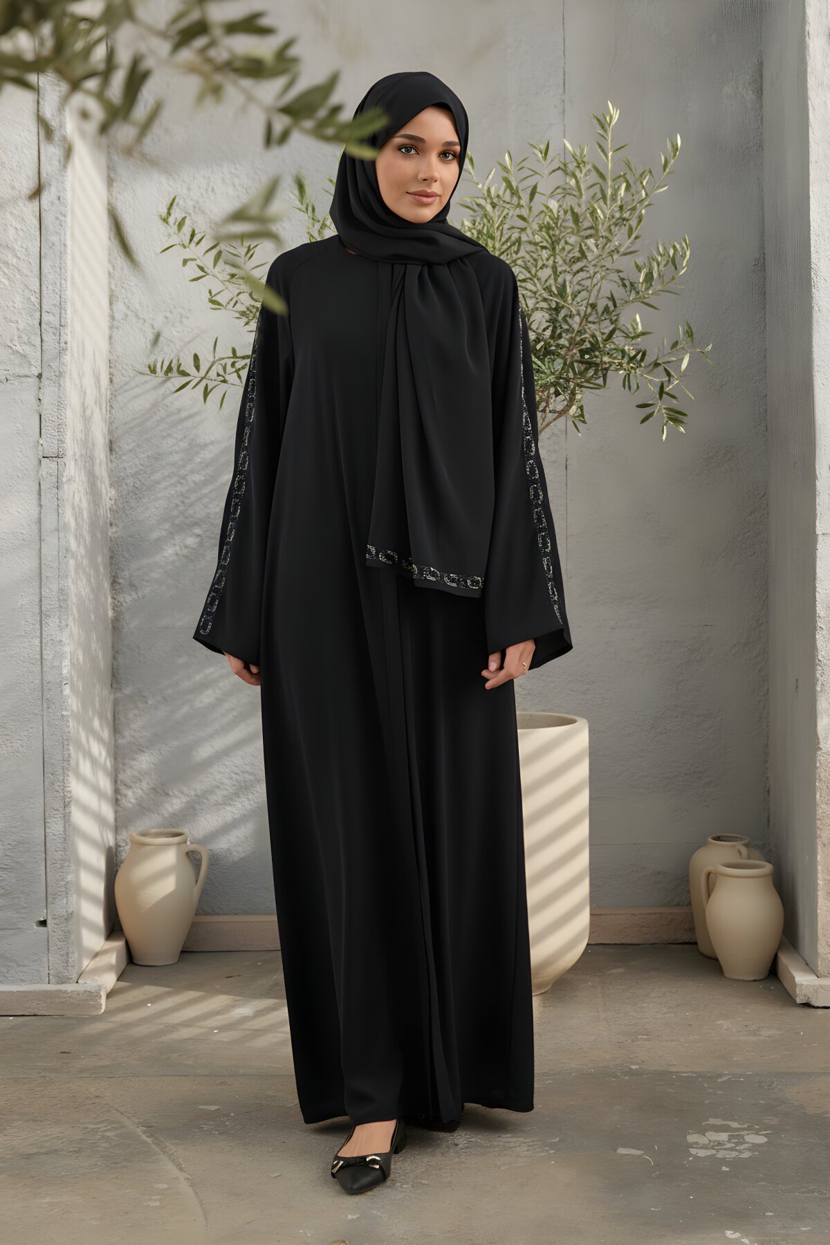 Lacivert Şallı Takım Taş İşlemeli Ferace - Agra Prive