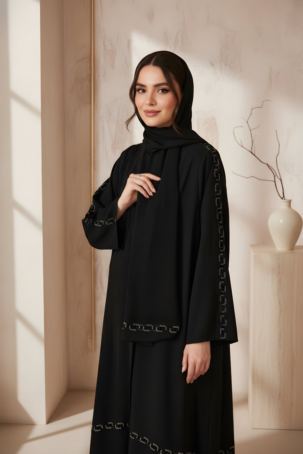 Siyah Medine İpeği Taş İşlemeli Şal - Agra Prive