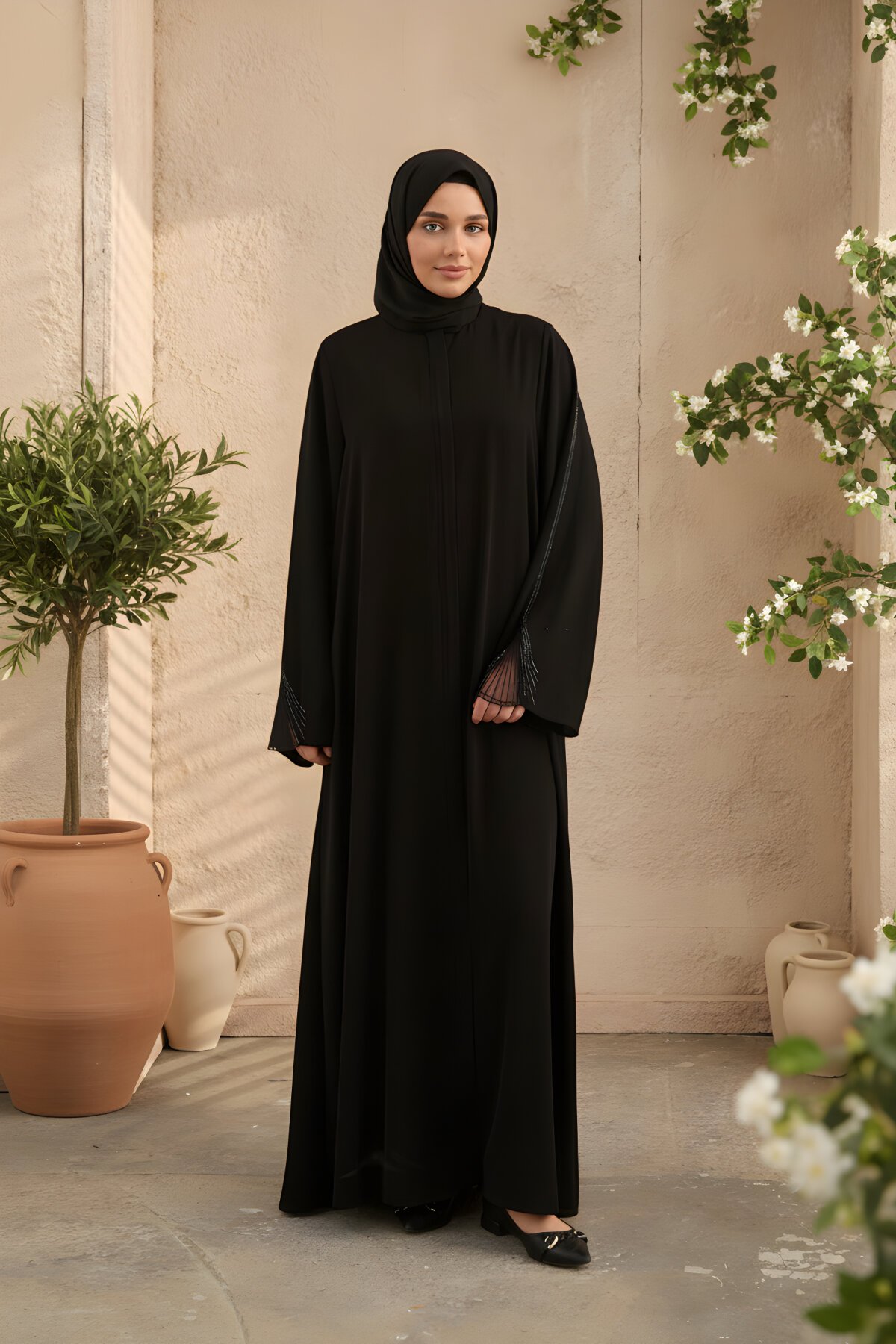 Siyah Nakışlı Taşlı Ferace - Agra Prive