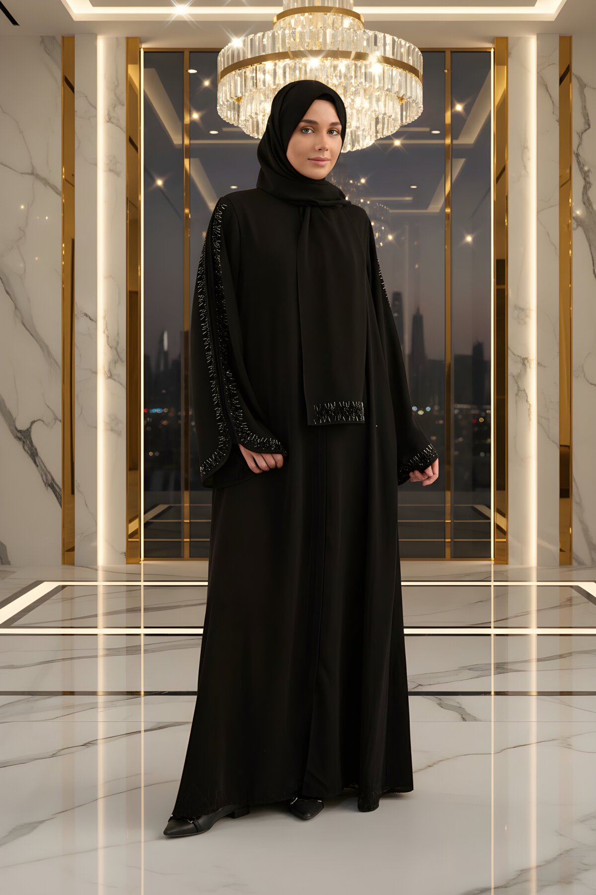 Siyah Takım Şallı Özel Tasarım Ferace - Agra Prive