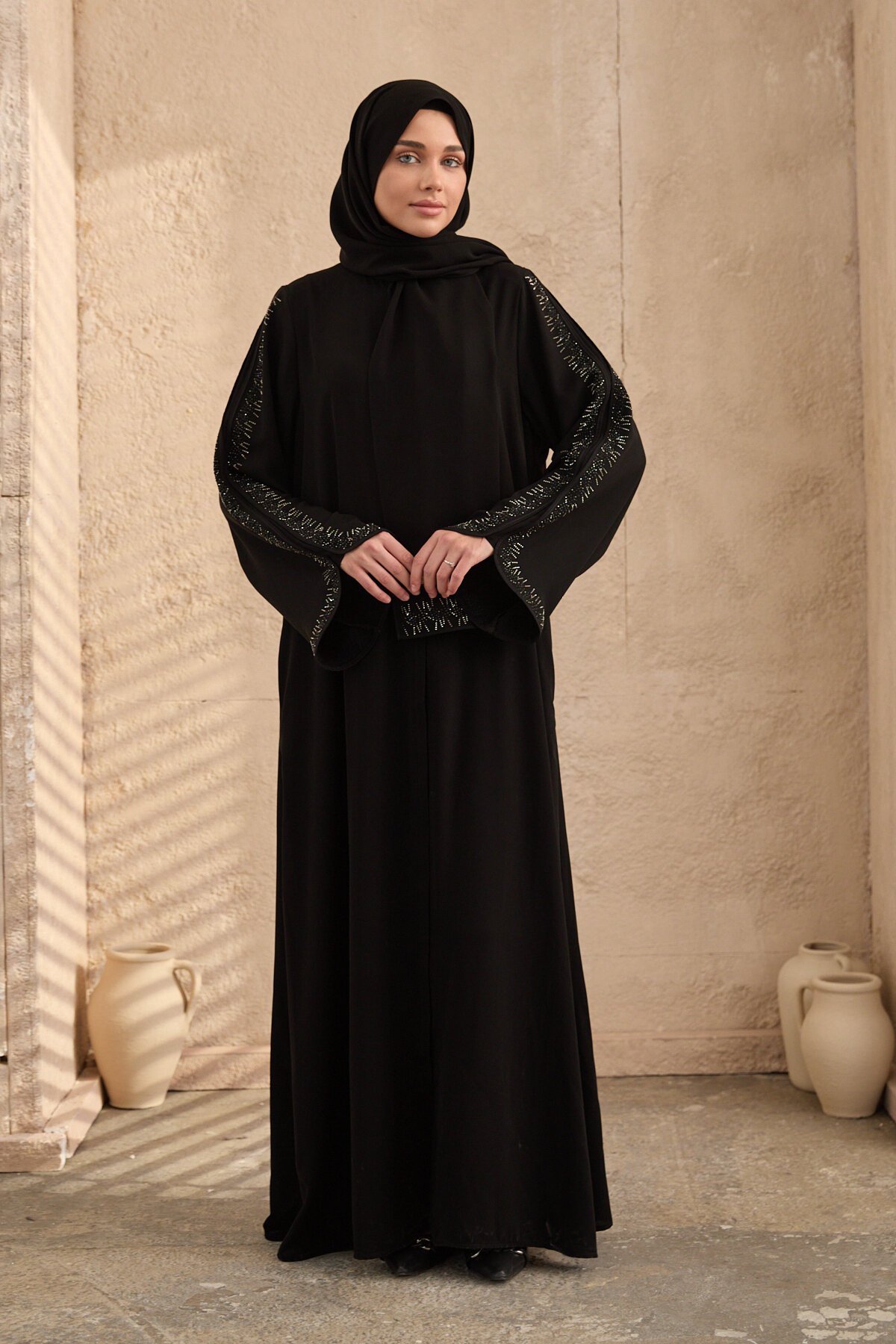 Siyah Takım Şallı Özel Tasarım Ferace - Agra Prive