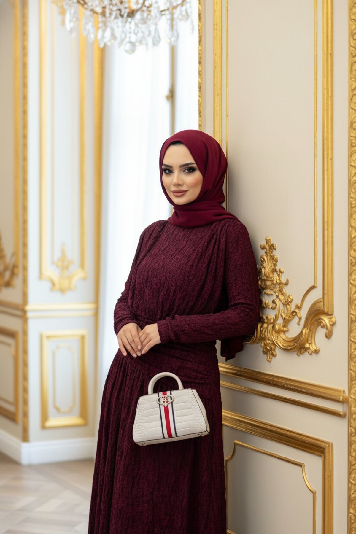 Bordo Eliza Drapeli Elbise - ALLİNOFFİCİAL
