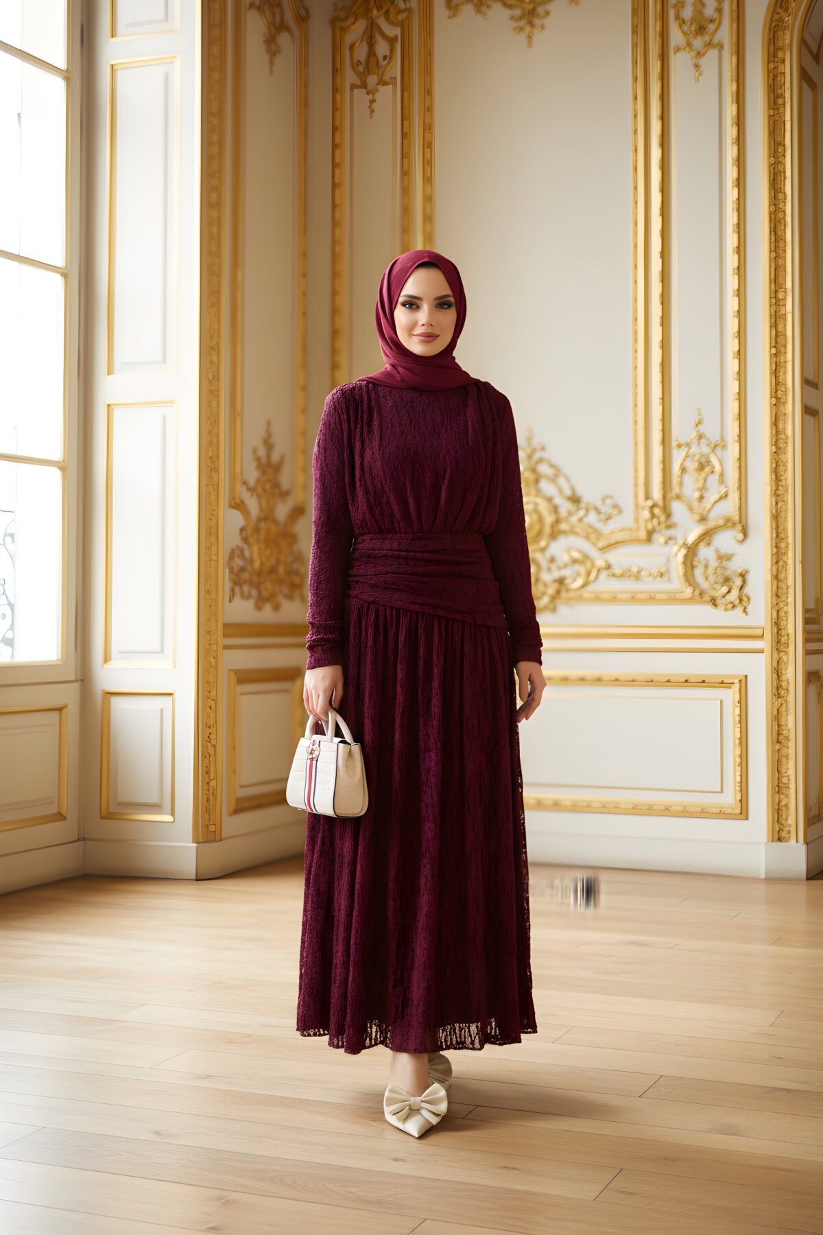 Bordo Eliza Drapeli Elbise - ALLİNOFFİCİAL