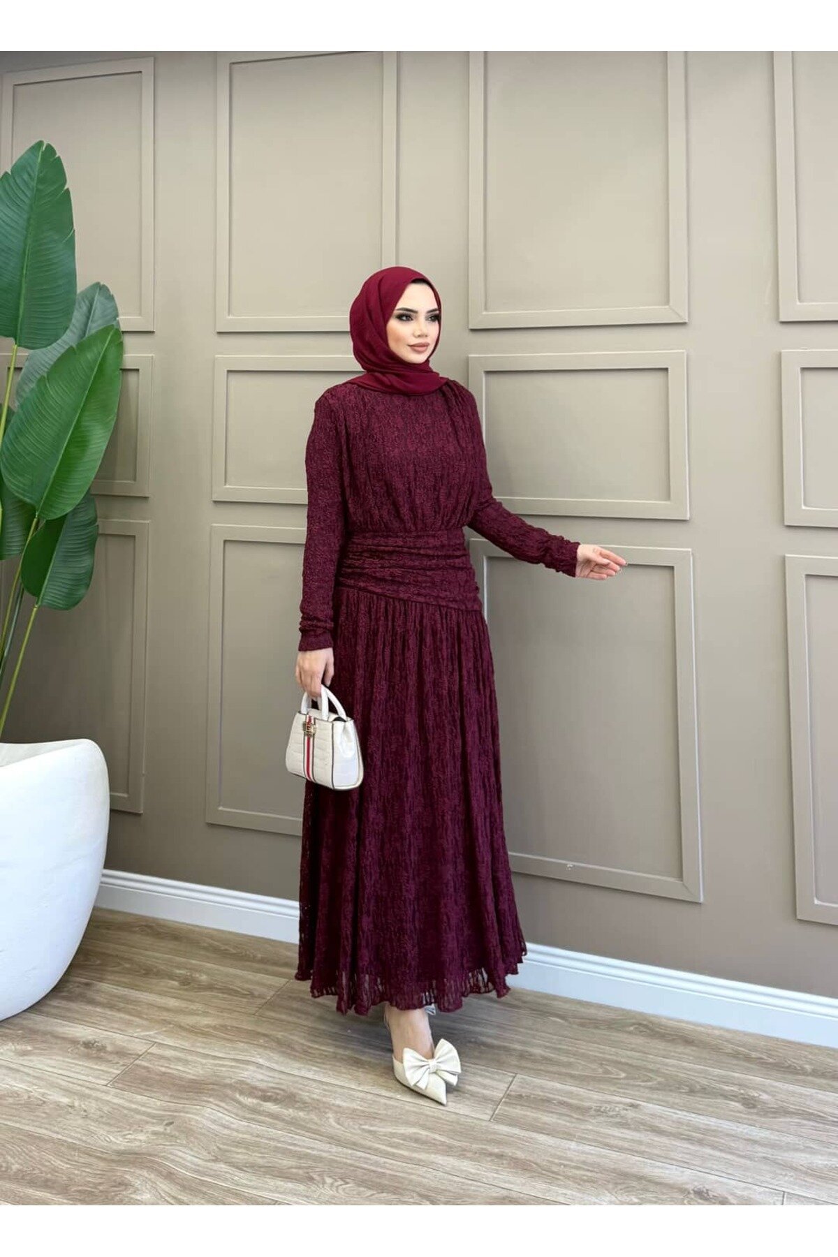 Bordo Eliza Drapeli Elbise - ALLİNOFFİCİAL
