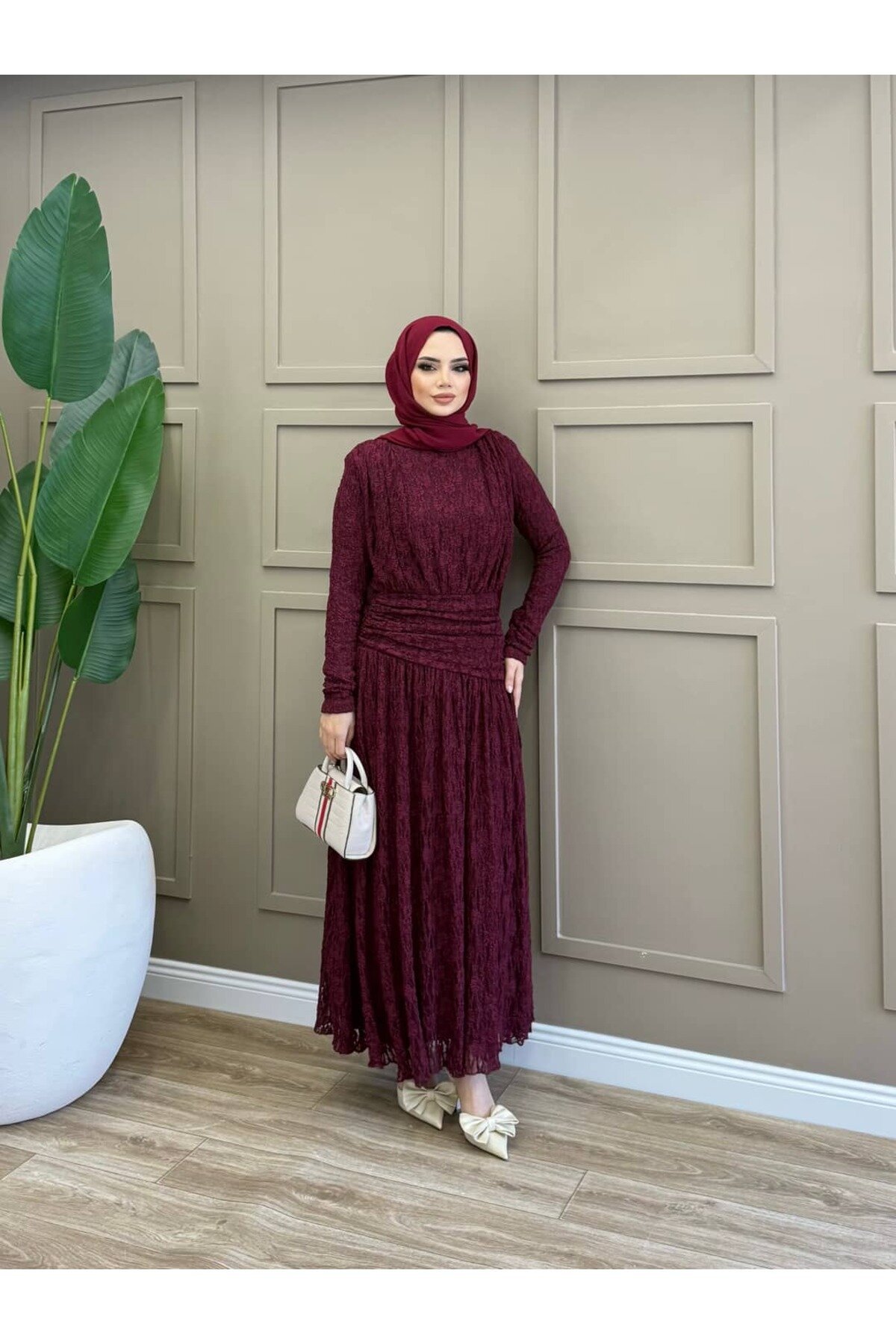 Bordo Eliza Drapeli Elbise - ALLİNOFFİCİAL