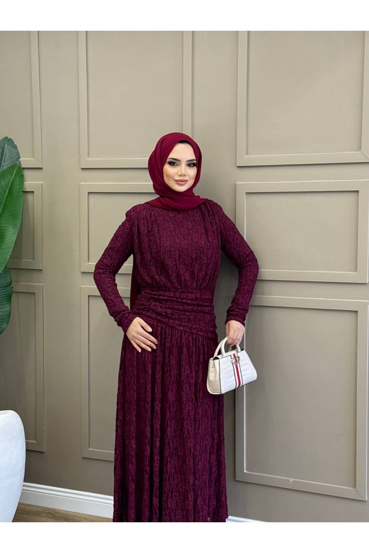 Bordo Eliza Drapeli Elbise - ALLİNOFFİCİAL