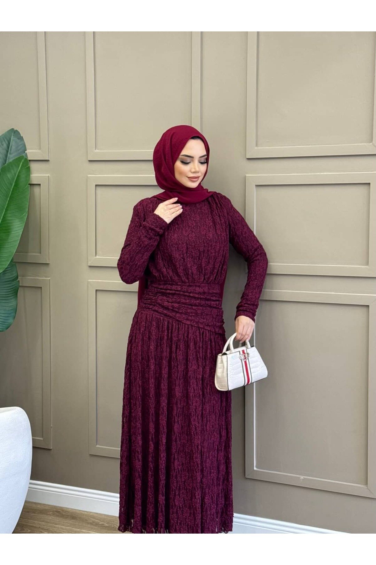 Bordo Eliza Drapeli Elbise - ALLİNOFFİCİAL