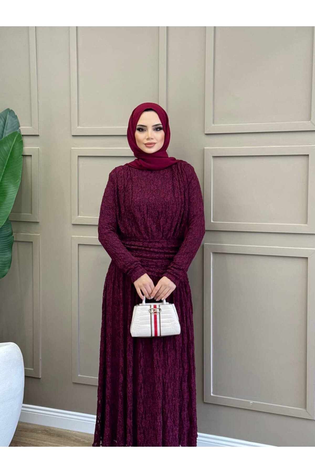 Bordo Eliza Drapeli Elbise - ALLİNOFFİCİAL