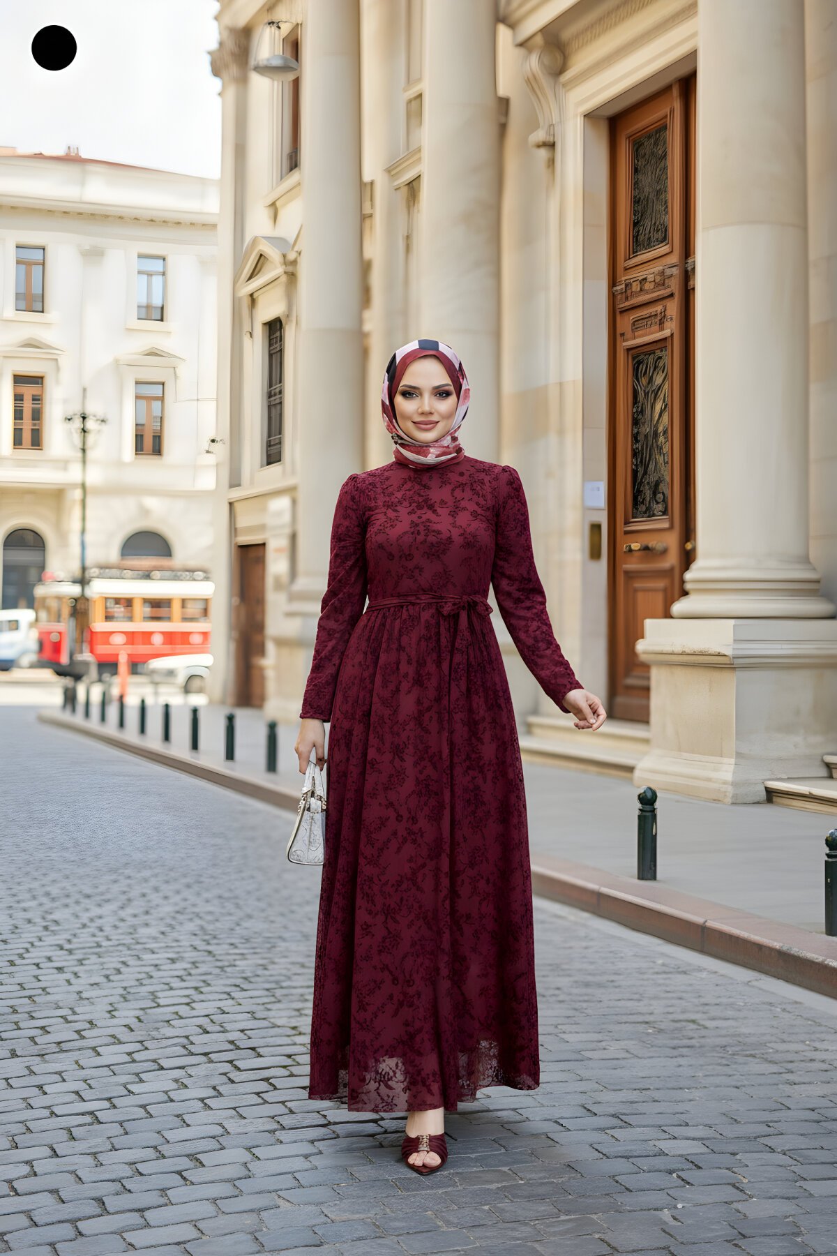 Bordo Flok Desen Kuşaklı Elbise - ALLİNOFFİCİAL