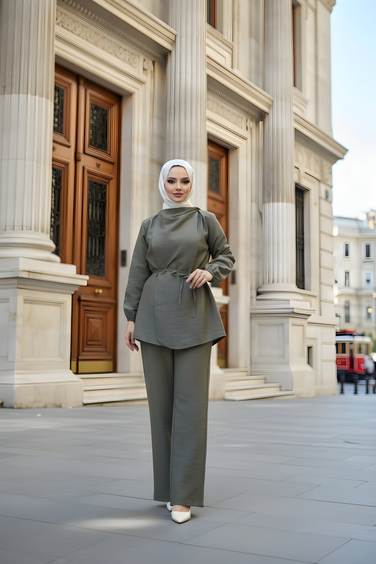 Haki İkili Drapeli Yaka Detaylı Tesettür Takım - ALLİNOFFİCİAL