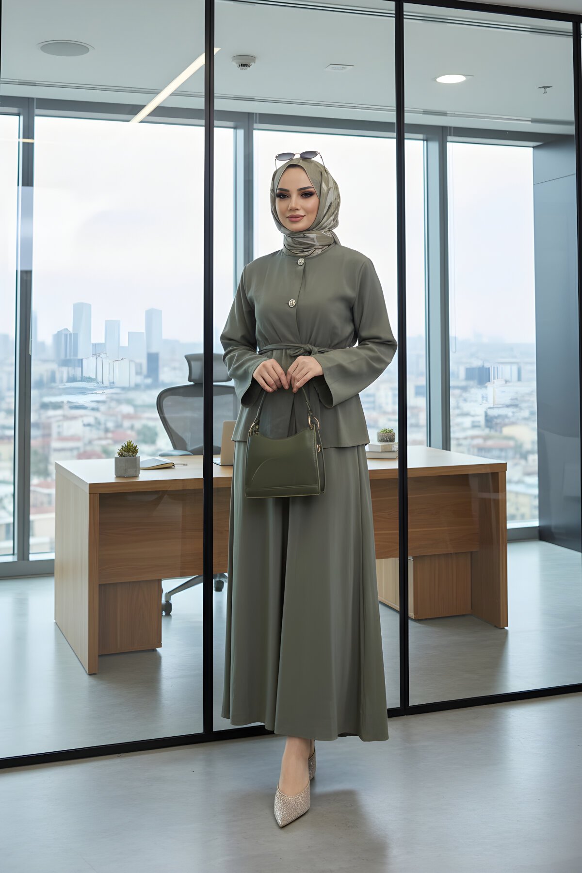 Haki İkili Kuşaklı Modal Etekli Tesettür Takım - ALLİNOFFİCİAL