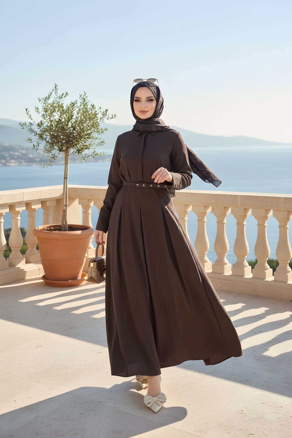 Kahverengi Cupra Kemerli Elbise - ALLİNOFFİCİAL