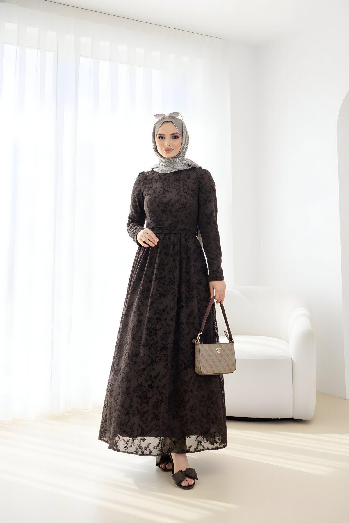 Kahverengi Flok Desen Kuşaklı Elbise - ALLİNOFFİCİAL